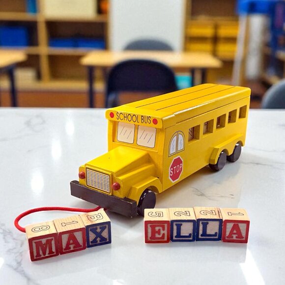 Wooden pull behind painted school bus with 36 wooden letter blocks - Picture 1 of 16